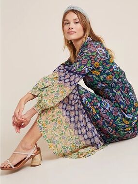 Maeve Mixed Floral Patchwork Midi Dress in Navy and Cream